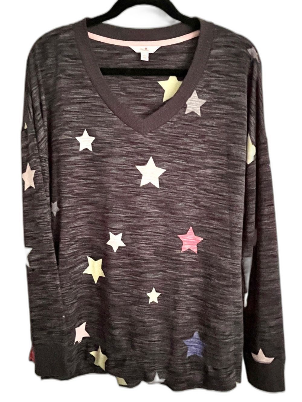 Secret Treasures L Soft V-Neck Knit Pullover Gray Pastel Stars Long Sleeve Cozy